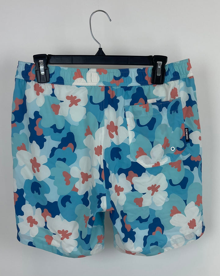 MENS Blue, White, and Peach Abstract Floral Swim Shorts - Medium