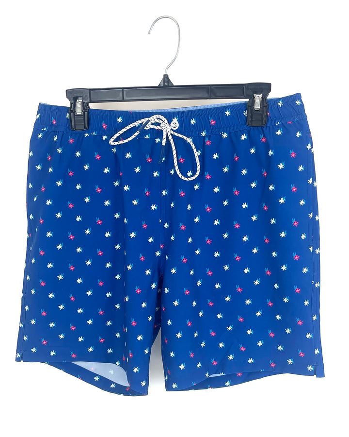 MENS Royal Blue Swim Shorts With Small Flowers - Medium