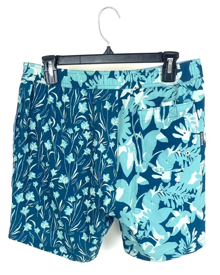 MENS Teal Dueling Floral Pattern Swim Shorts - Medium