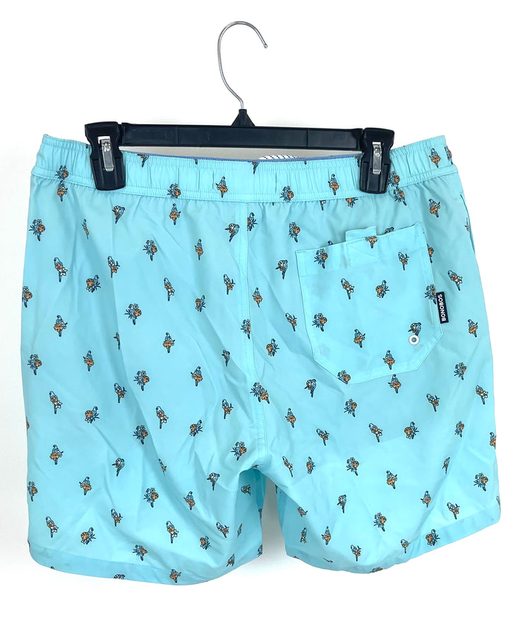 MENS Teal Swim Shorts With Small Birds - Medium