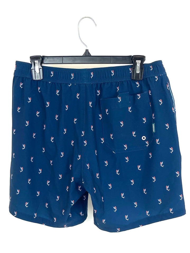 MENS Navy Swordfish Print Swim Shorts - Medium