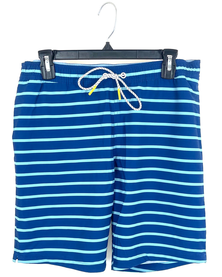 MENS Dark and Light Blue Striped Swim Shorts - Medium