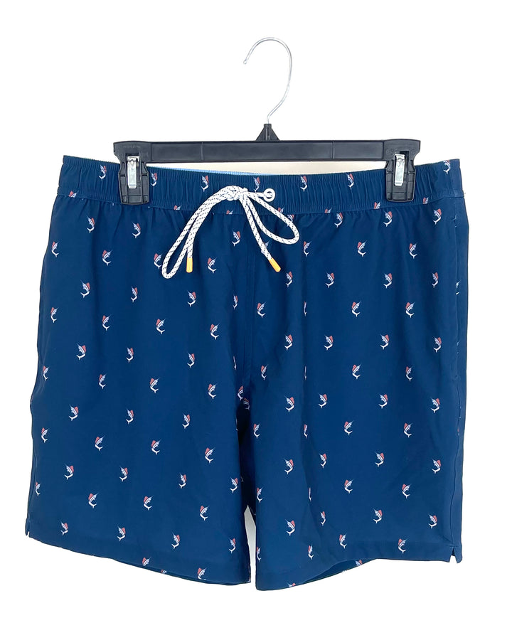 MENS Navy Swordfish Print Swim Shorts - Medium