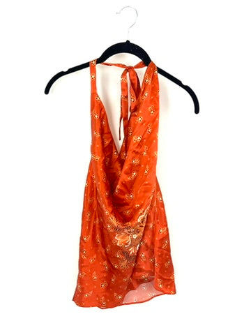 Orange Brown and White Floral Cowl Neck Top - Medium