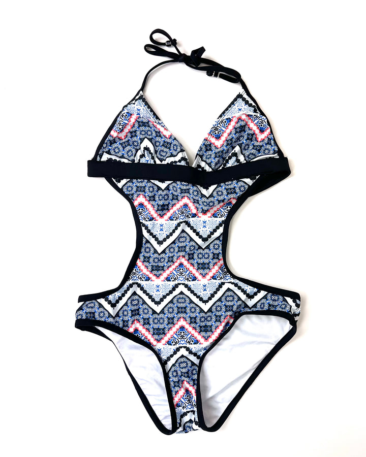 Orange and Blue Abstract One Piece Swimsuit - Small
