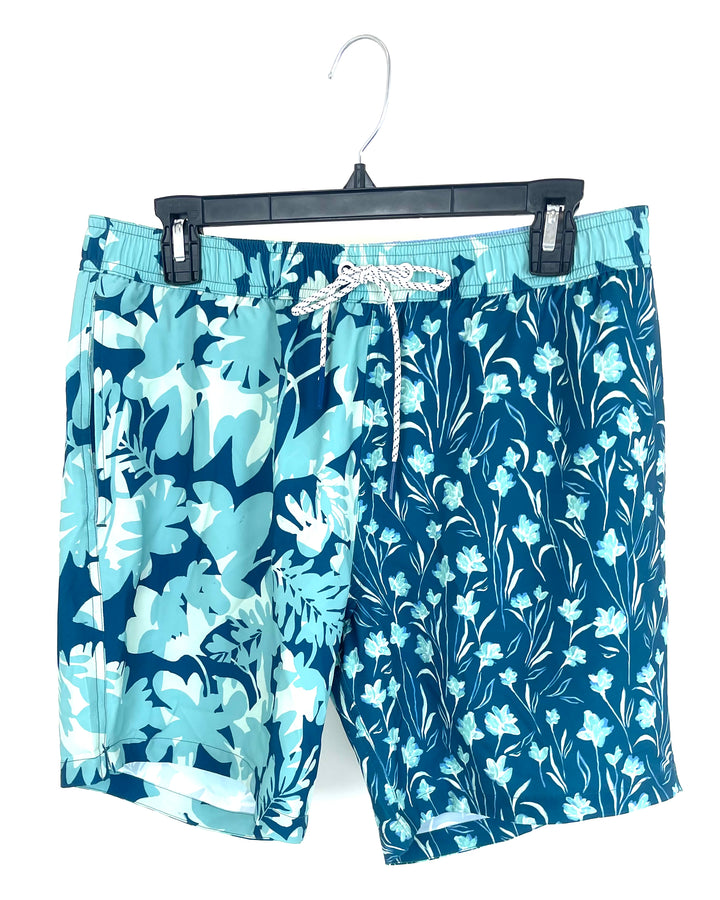 MENS Teal Dueling Floral Pattern Swim Shorts - Medium