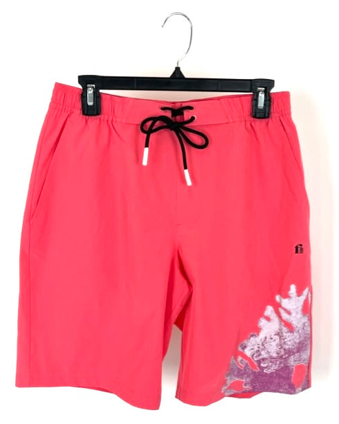 MENS Coral Pink Swim Shorts With Purple Coral Design - Small