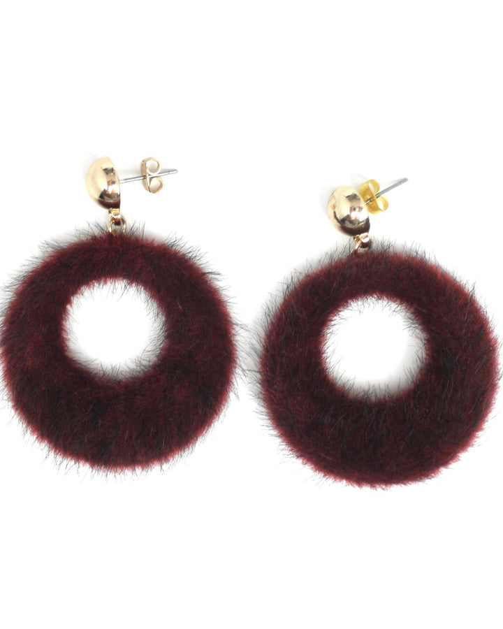 Dark Red Fuzzy Dangling Circle Earrings