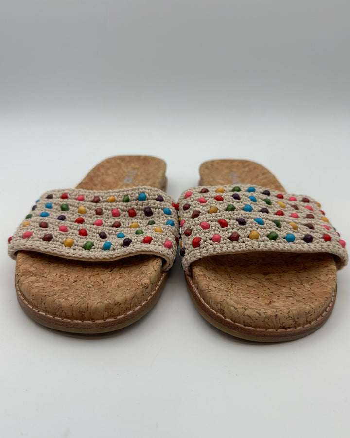 Tan Crochet and Wood Bead Slide Sandal - Size 6