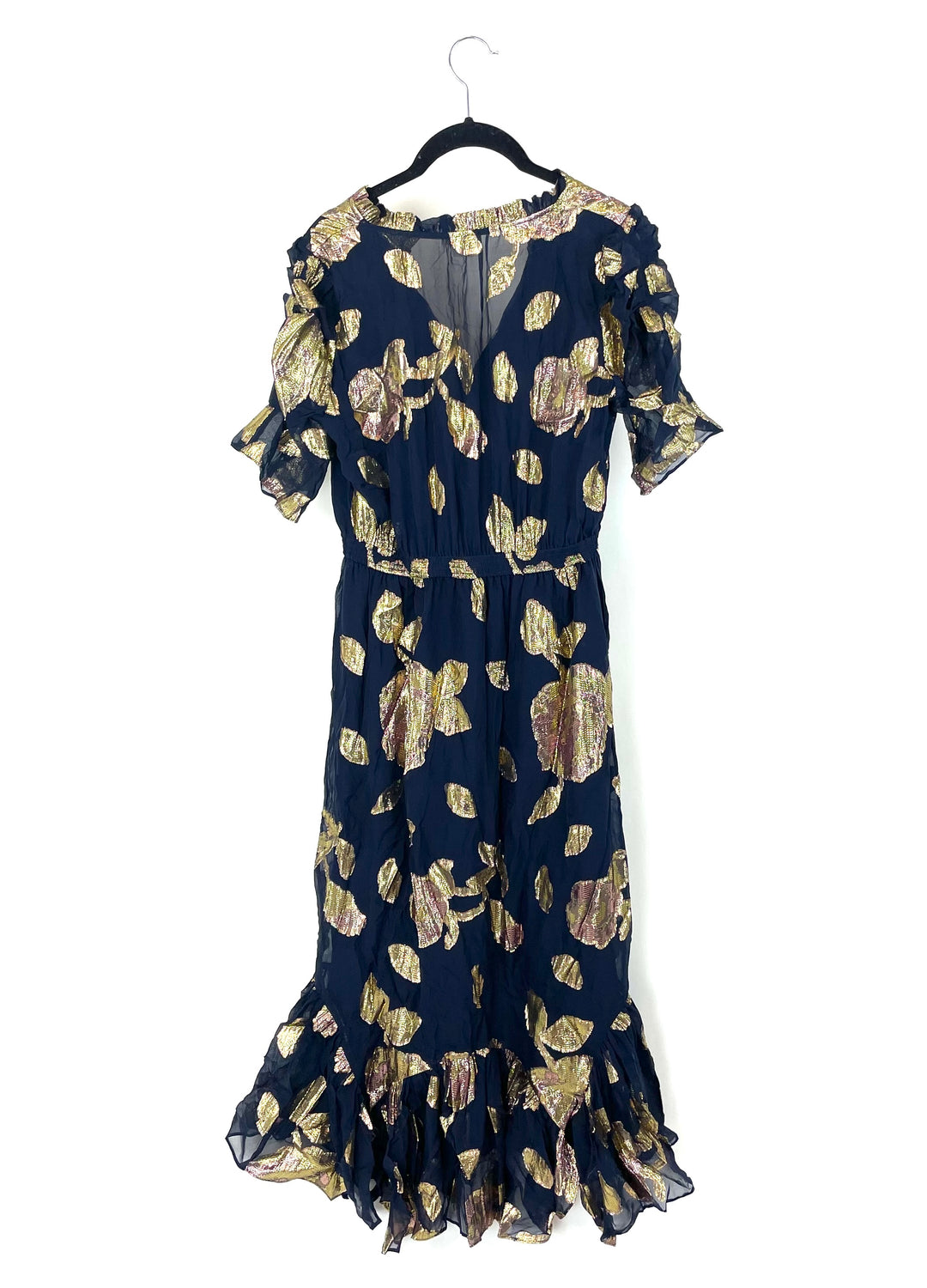 Navy Blue & Metallic Floral Pattern Dress - Size 4