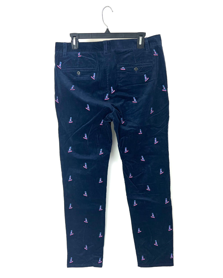 MENS Navy Blue Corduroy Dinosaur Embroidered Pants - 32X32