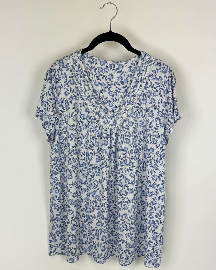 Blue and White Floral Pajama Top - Medium