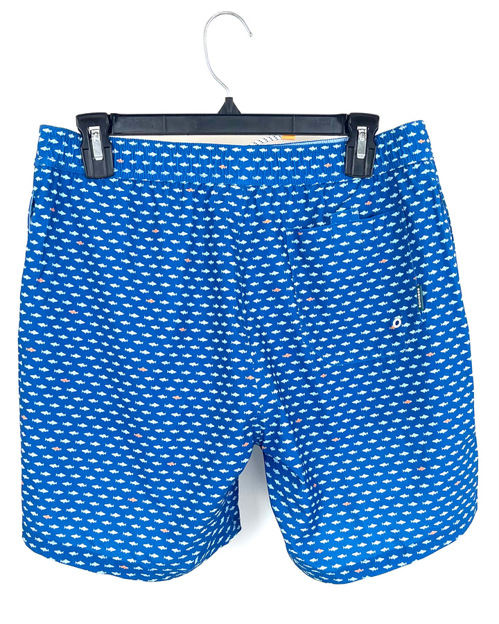 MENS Royal Blue Swim Shorts with Fish - Medium