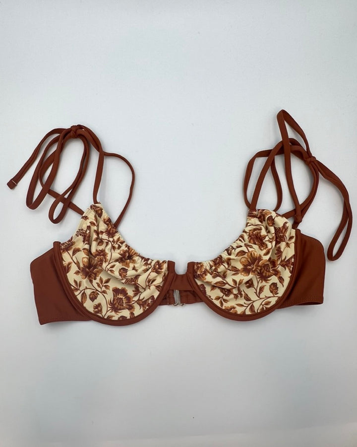 Tularosa Tan and Brown Floral Bikini Top - Extra Large