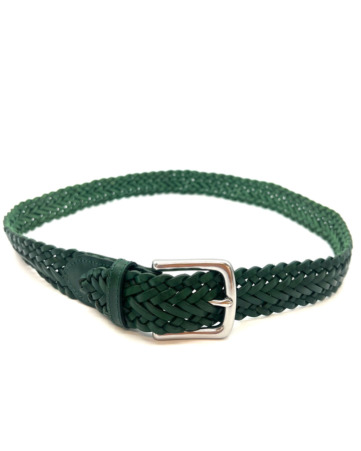 MENS Solid Green Leather Woven Belt