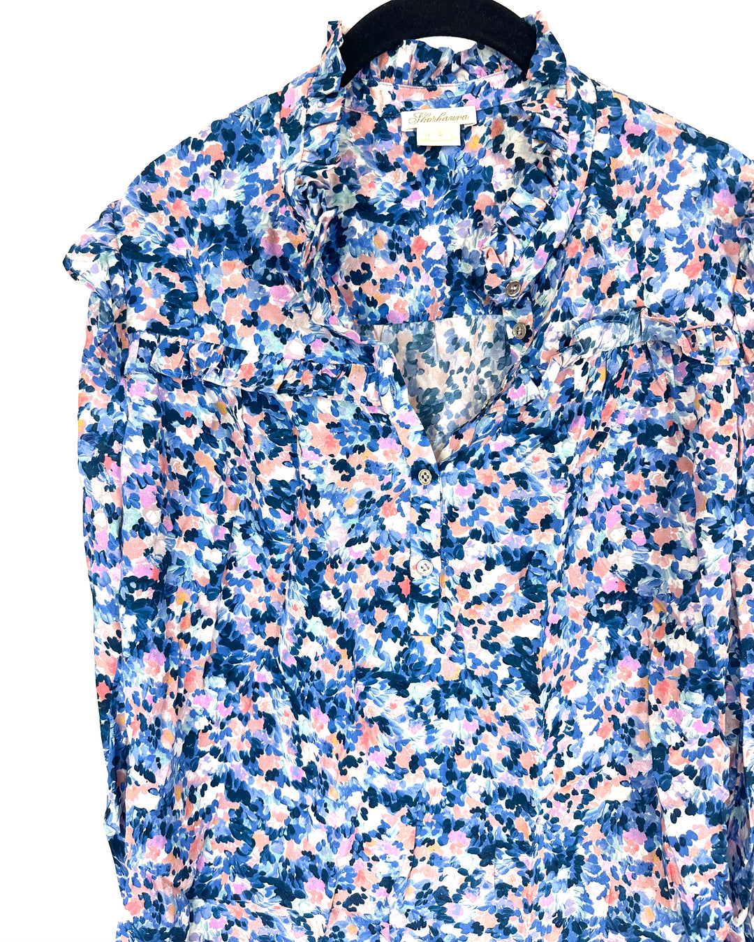 Shades of Blue Watercolor Floral Printed Blouse - Small