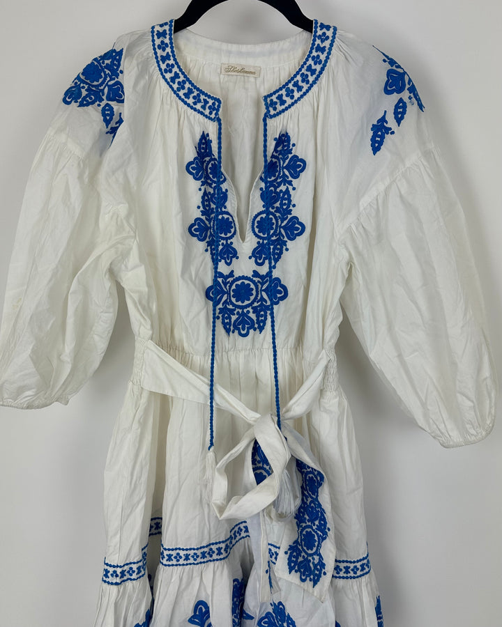 White Dress With Blue Embroidery - Size 4/6