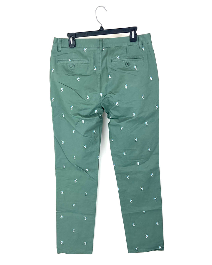 MENS Dark Sage Green Fish Embroidered Pants - 32X32