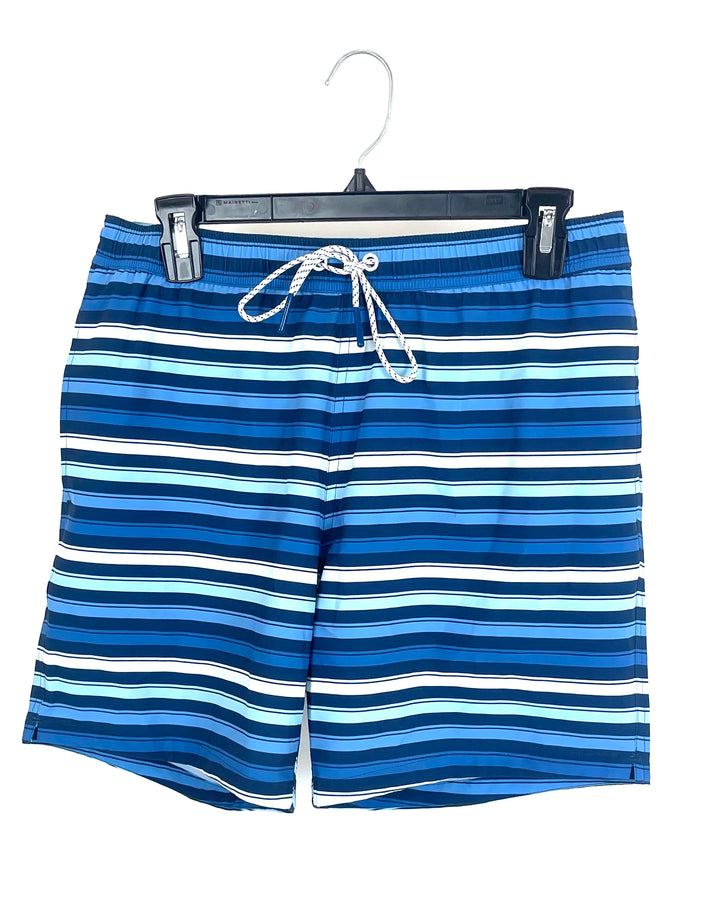 MENS Blue and White Striped Swim Shorts - Medium