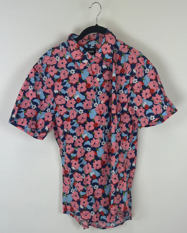 MENS Navy Collared Shirt With Pink and Red Floral Pattern - Medium