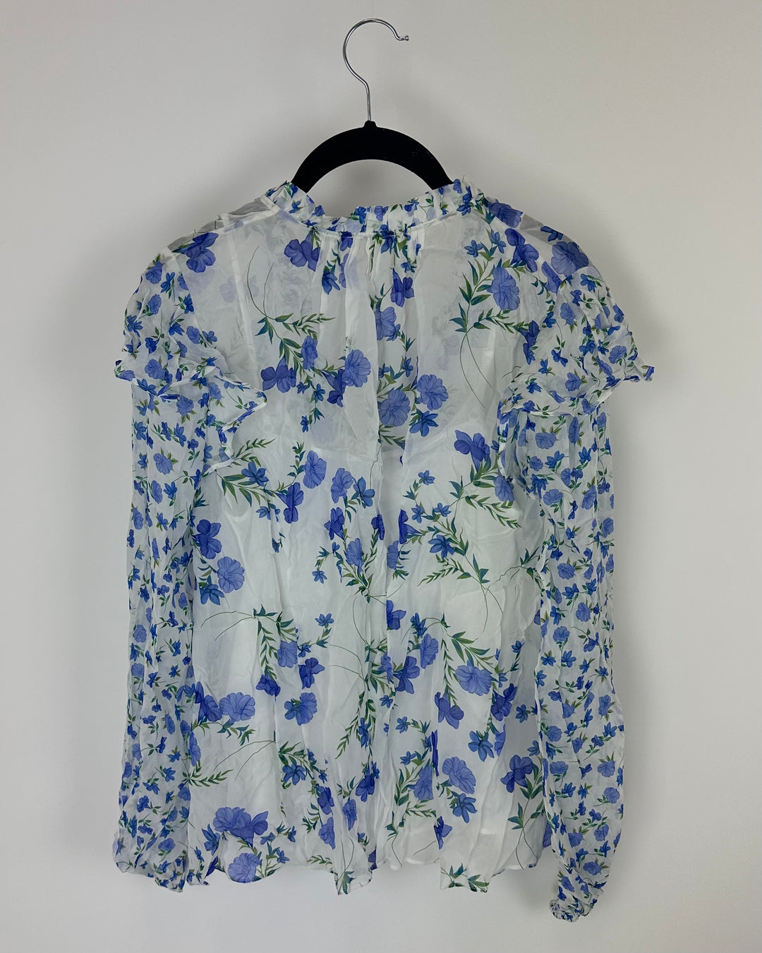 White and Blue Floral Patterned Blouse - Small