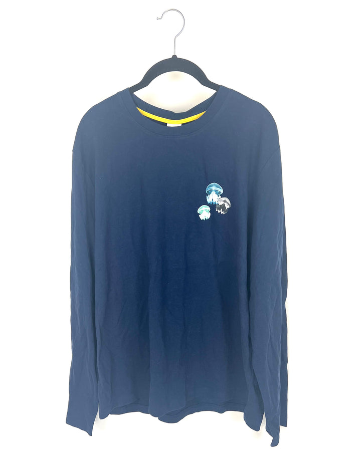 MENS Navy Blue Long Sleeve Shirt With Squid Design - Medium