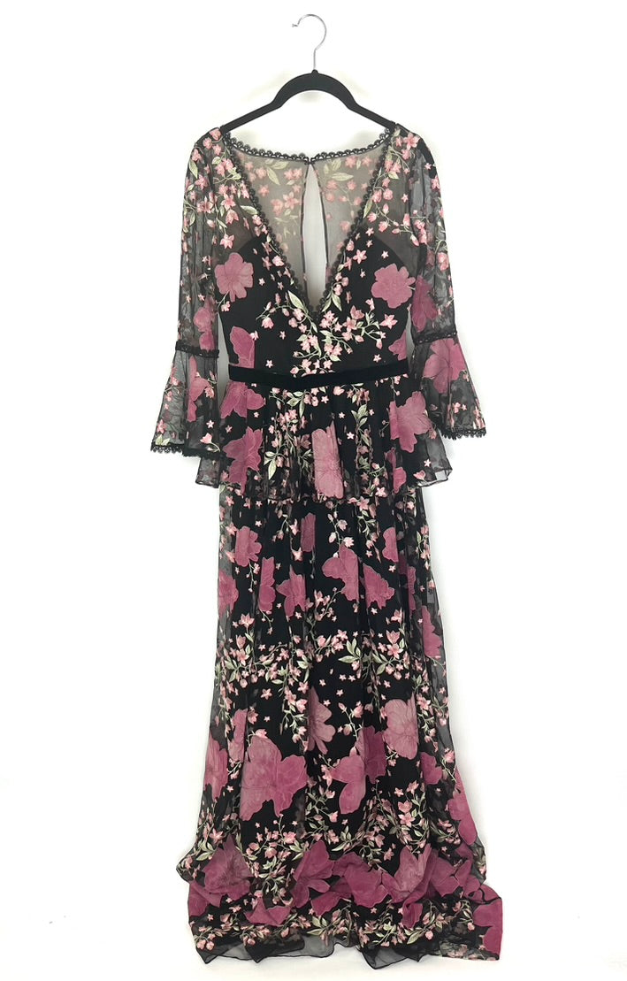 Black and Mauve Floral Evening Dress - Size 2