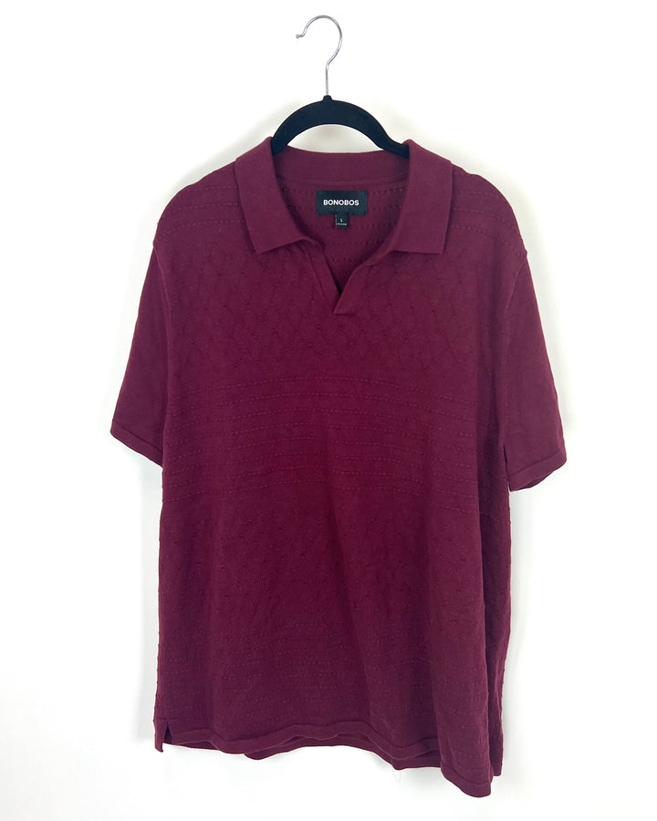 MENS Burgundy Short Sleeve Collared Sweater - Large