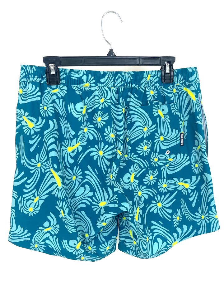 MENS Teal and Yellow Floral Swim Shorts - Medium