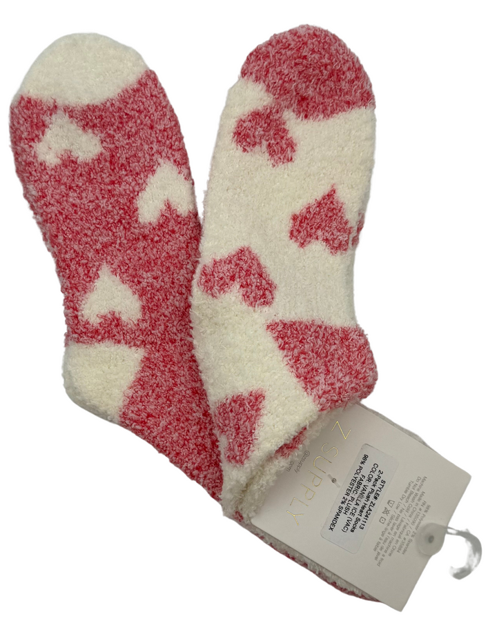 Coral and White Heart Patterned Fuzzy Socks - One Size