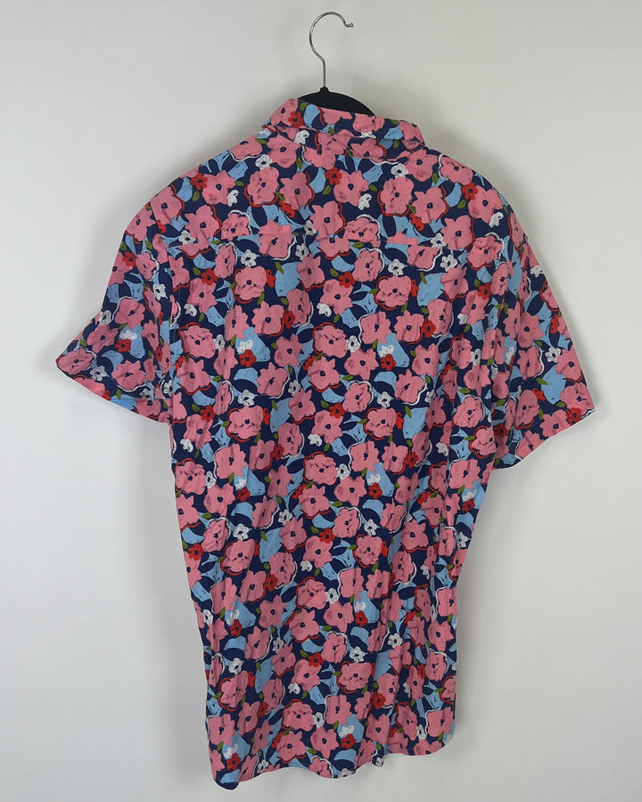 MENS Navy Collared Shirt With Pink and Red Floral Pattern - Medium