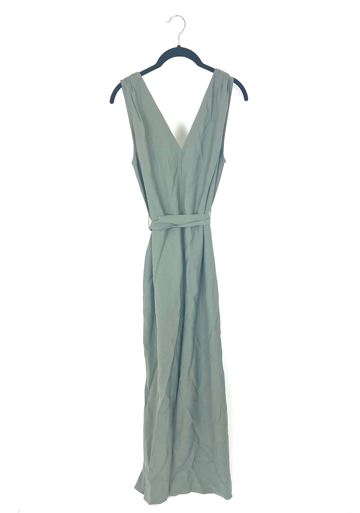 Sage Green Wide Leg Jumpsuit With Tie Belt - Medium