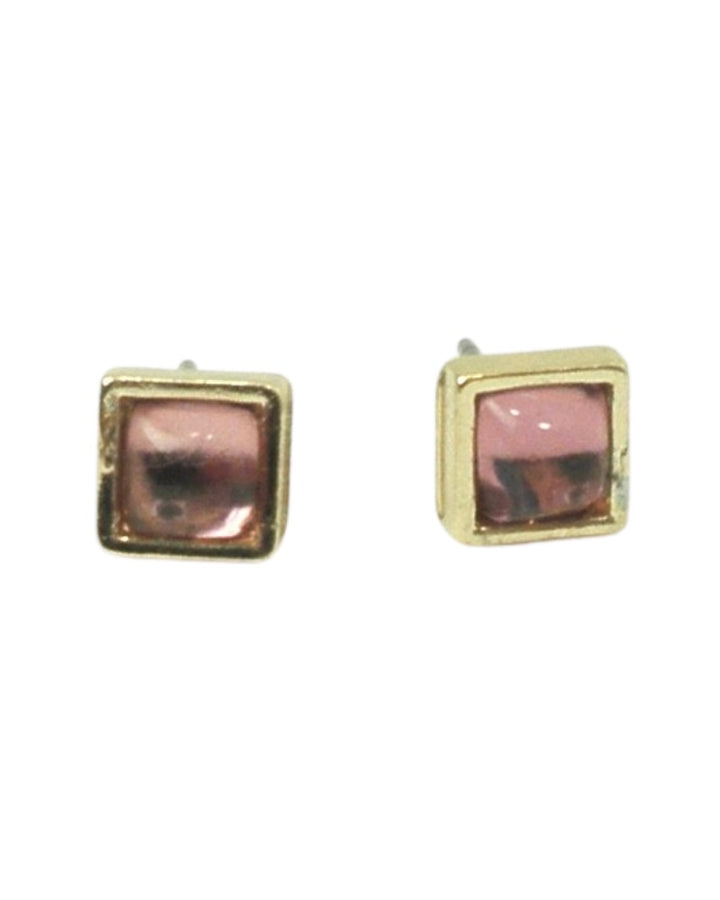 Gold Square Studs with Shiny Pink Design