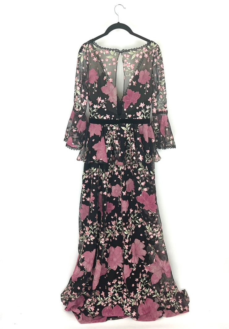 Black and Mauve Floral Evening Dress - Size 2