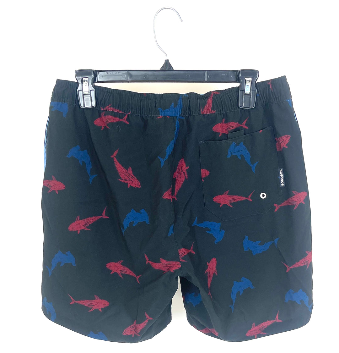 MENS Black Shark Print Swim Shorts - Medium