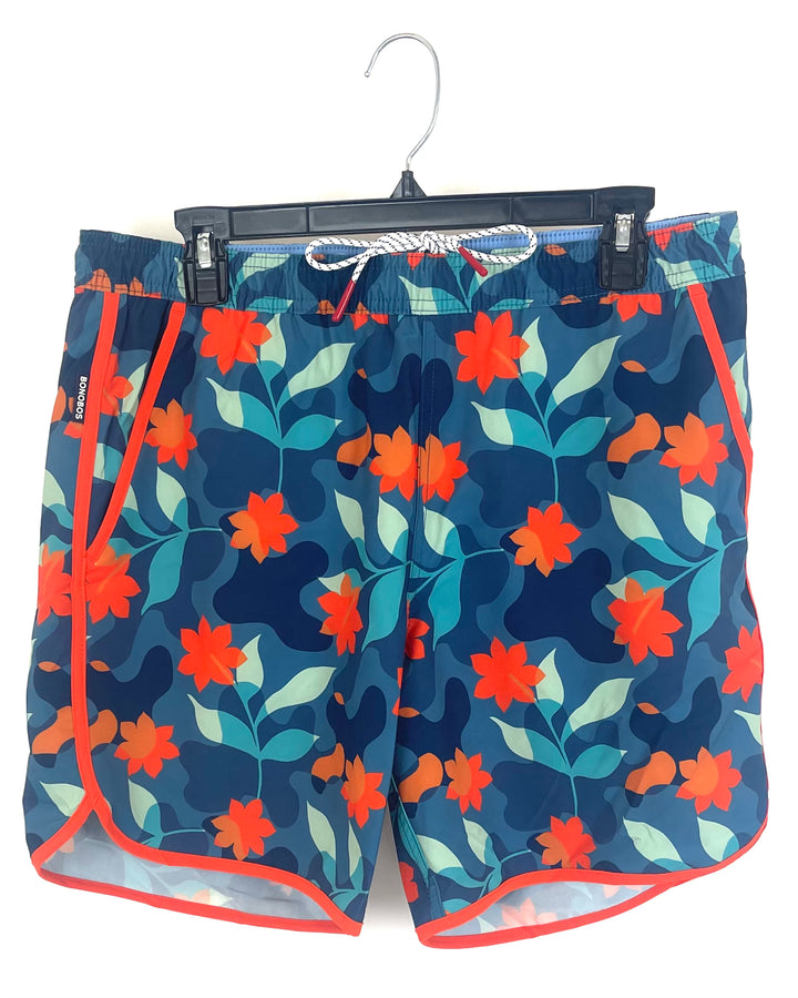 MENS Navy and Bright Orange Floral Swim Shorts - Medium