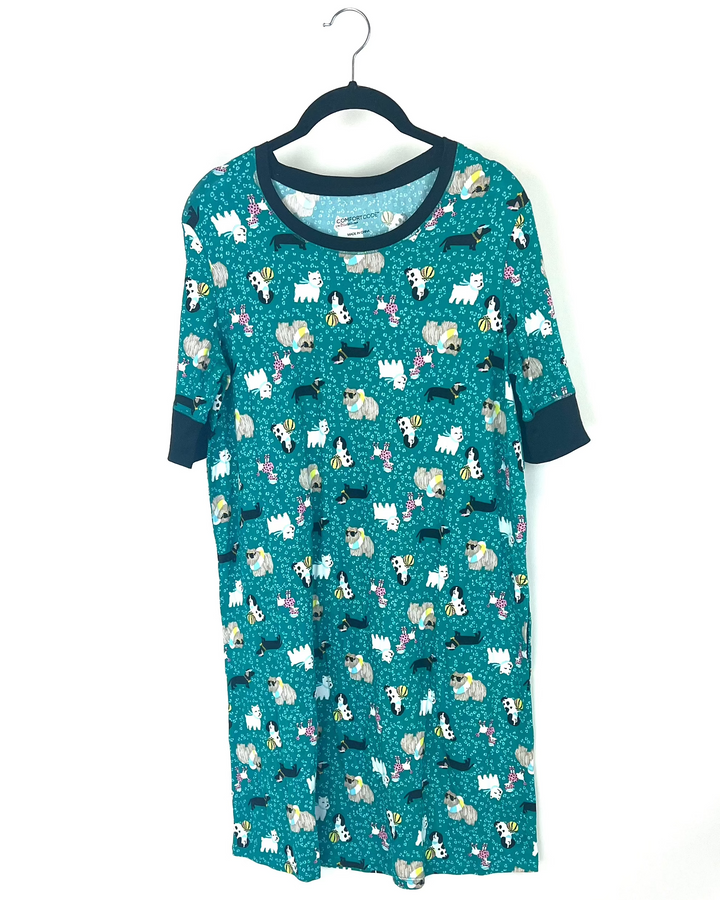 Teal Dog Print Nightgown - Small