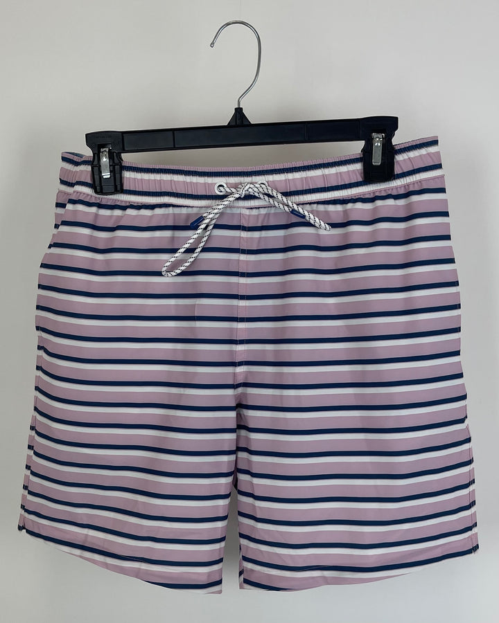 MENS Pink Swim Shorts With Navy and White Stripes - Medium