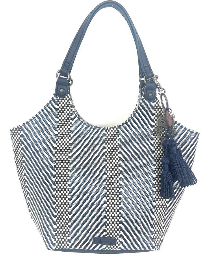 Navy Blue And Cream Woven Mini Tote