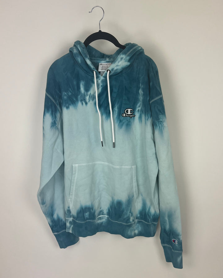 Teal and Light Blue Tie Dye Hoodie - Medium