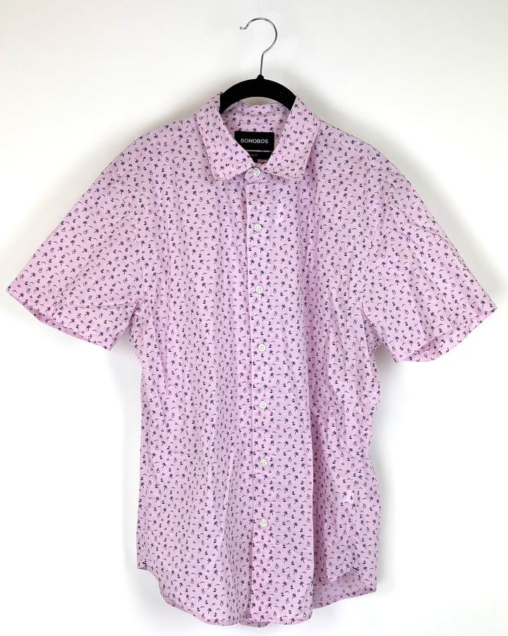 MENS Light Pink Button-Up with Blue Tropical Pattern - Medium