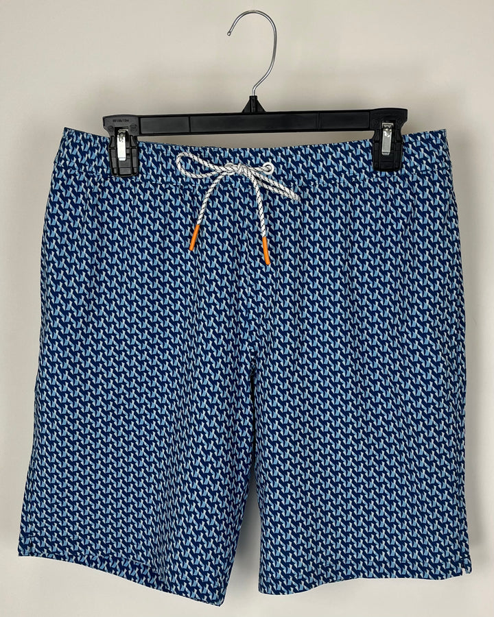 MENS Navy, Sky Blue, and White Abstract Swim Shorts - Medium