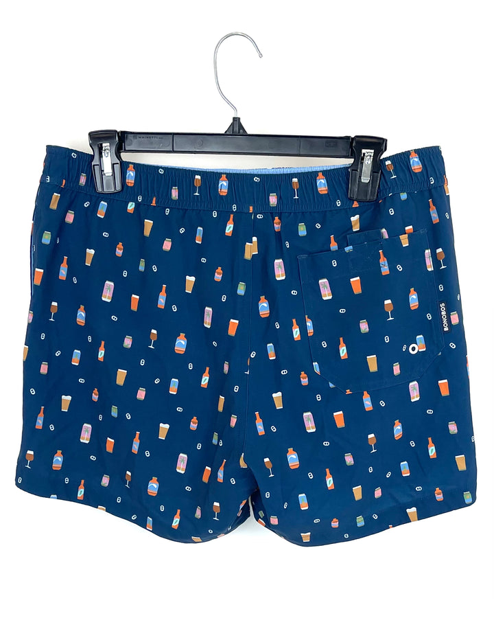 MENS Navy Swim Shorts With Various Drinks - Medium