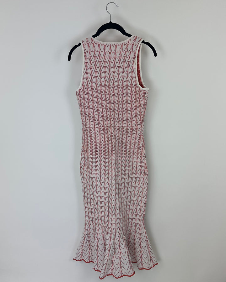 White and Burnt Orange Patterned Sleeveless Long Dress - Size 4/6