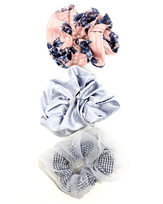 Silver, Pink Floral, And Checkered Chiffon Scrunchie Set