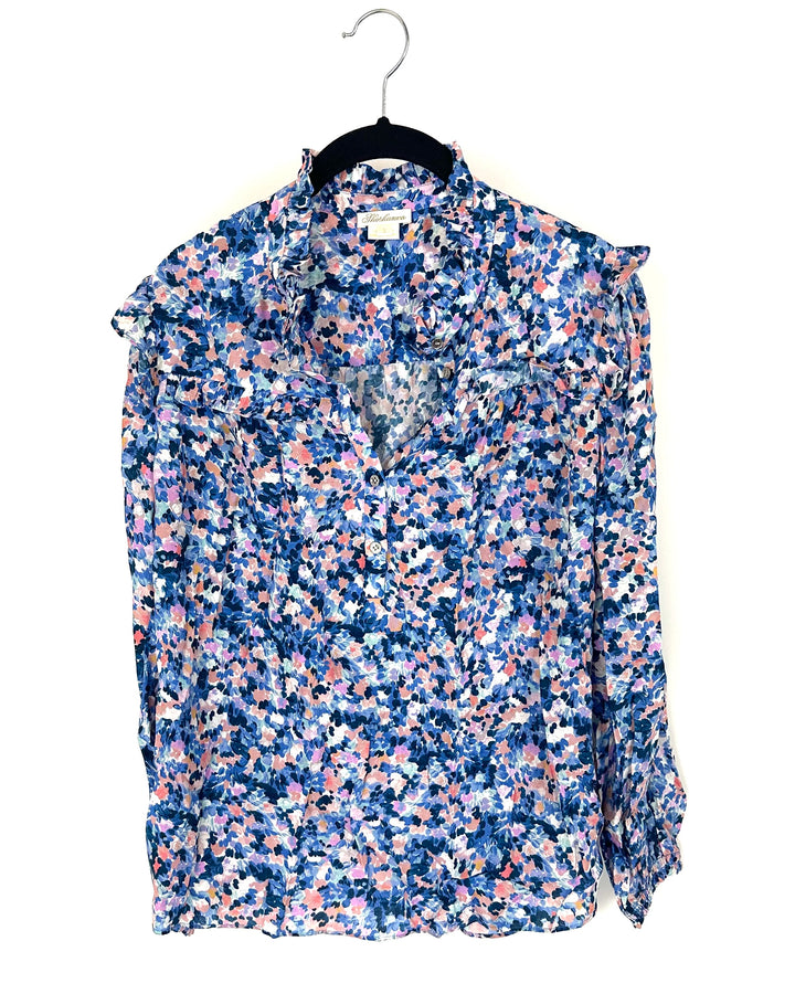 Shades of Blue Watercolor Floral Printed Blouse - Small