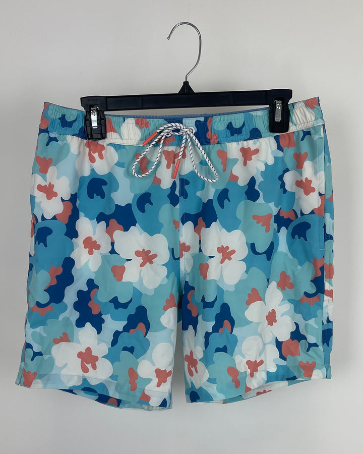 MENS Blue, White, and Peach Abstract Floral Swim Shorts - Medium