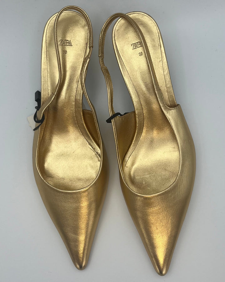 Zara Gold Pointed Toe Slingback Kitten Heels - Size 9