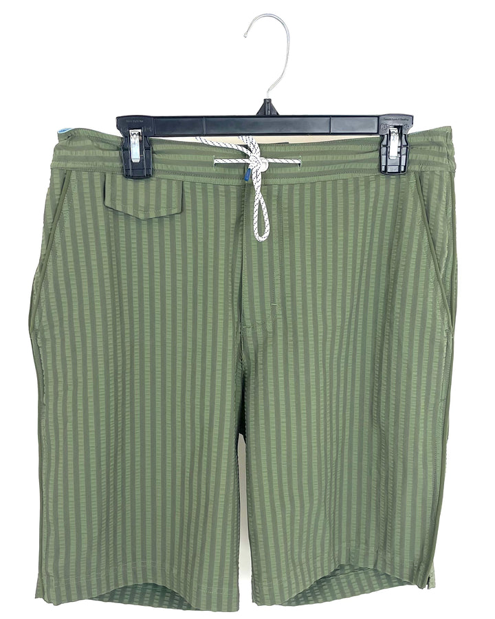 MENS Army Green Texture Stripe Swim Shorts - Medium