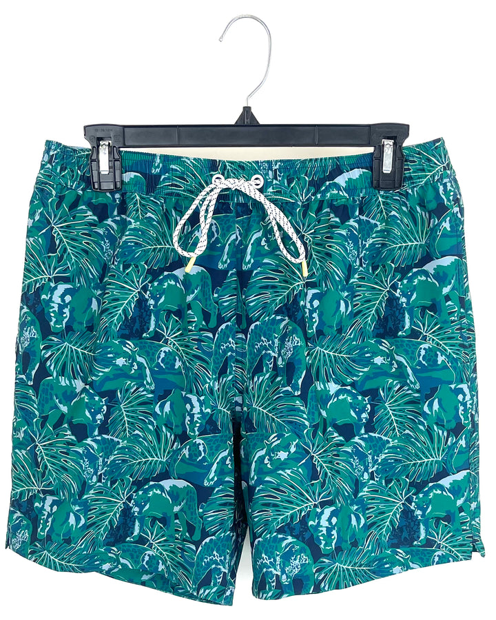 MENS Green Palm and Animal Print Swim Shorts - Medium